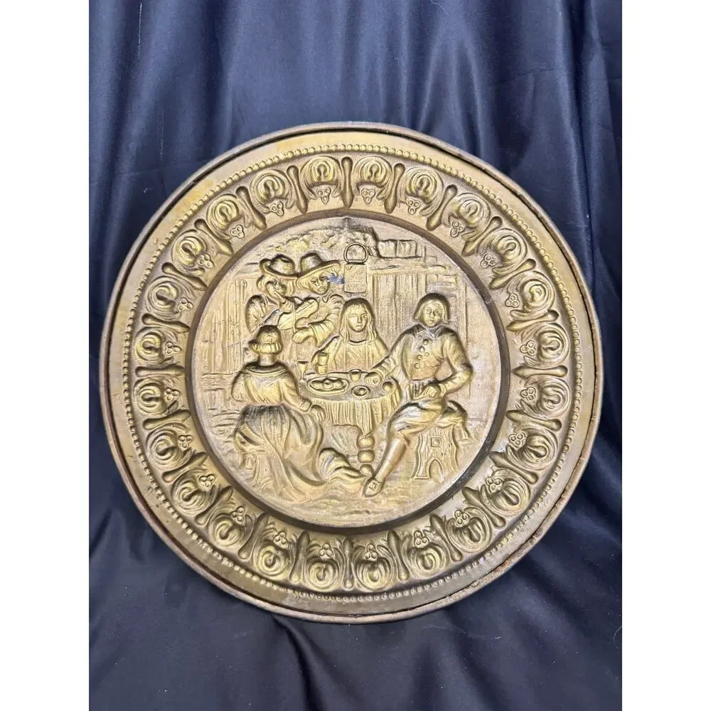 Mid Century Peerage English Brass Hammered Art Plate Pub Scene